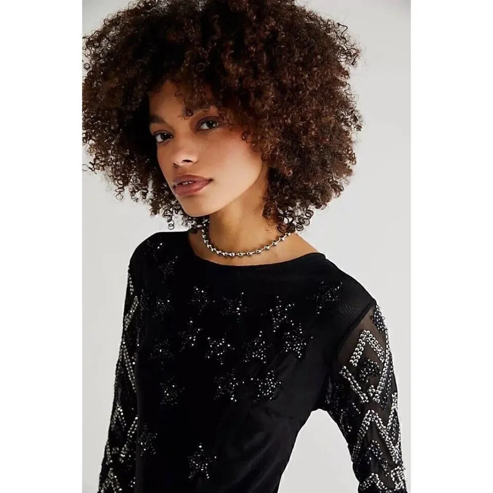 NWT FREE PEOPLE Sz M STARGAZER BODYSUIT SEQUIN EMBELLISHED MESH IN BLACK
